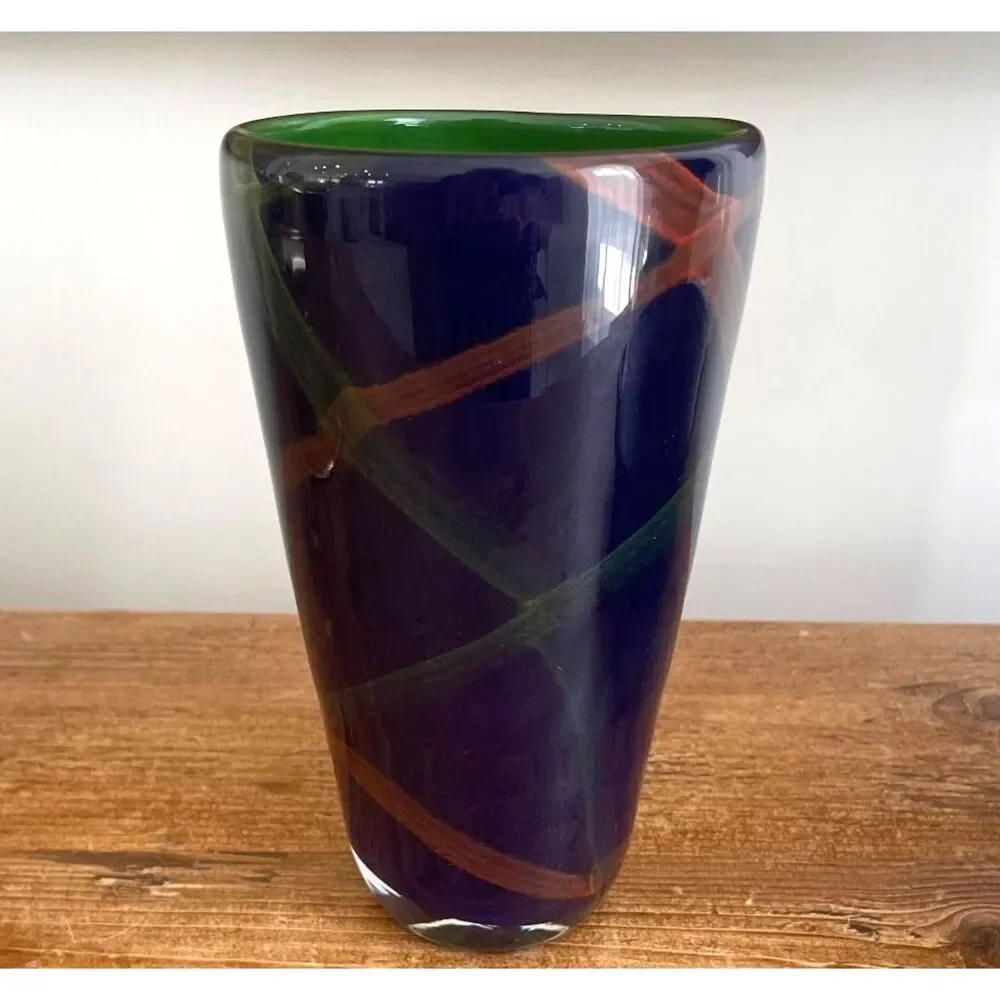 Vintage Soholm Danmark Blue Glass Vase with Cross Ribbon Accents